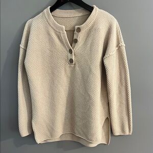 Cream Knit Sweater Pullover Drop shoulder Vent side Women’s L Cotton blend